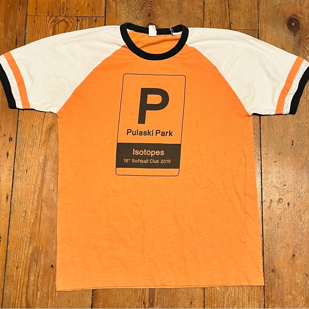 Pulaski Park Isotopes Orange Raglan Softball Tee
